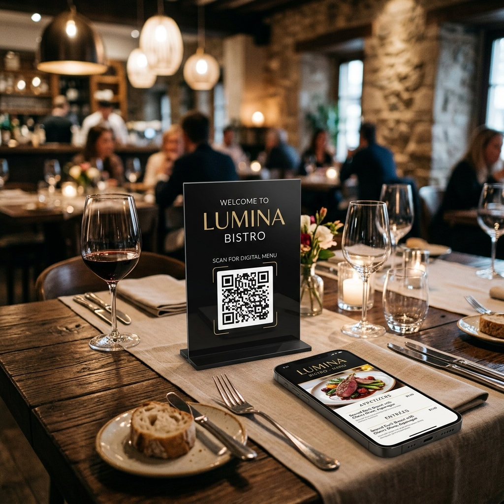 NoMenu premium smartphone menu mockup and QR code cards on a table